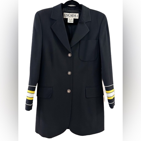 Escada by Margaretha Ley Vintage 80s Nautical Wool Blazer sequin cuffs Black - Picture 3 of 11